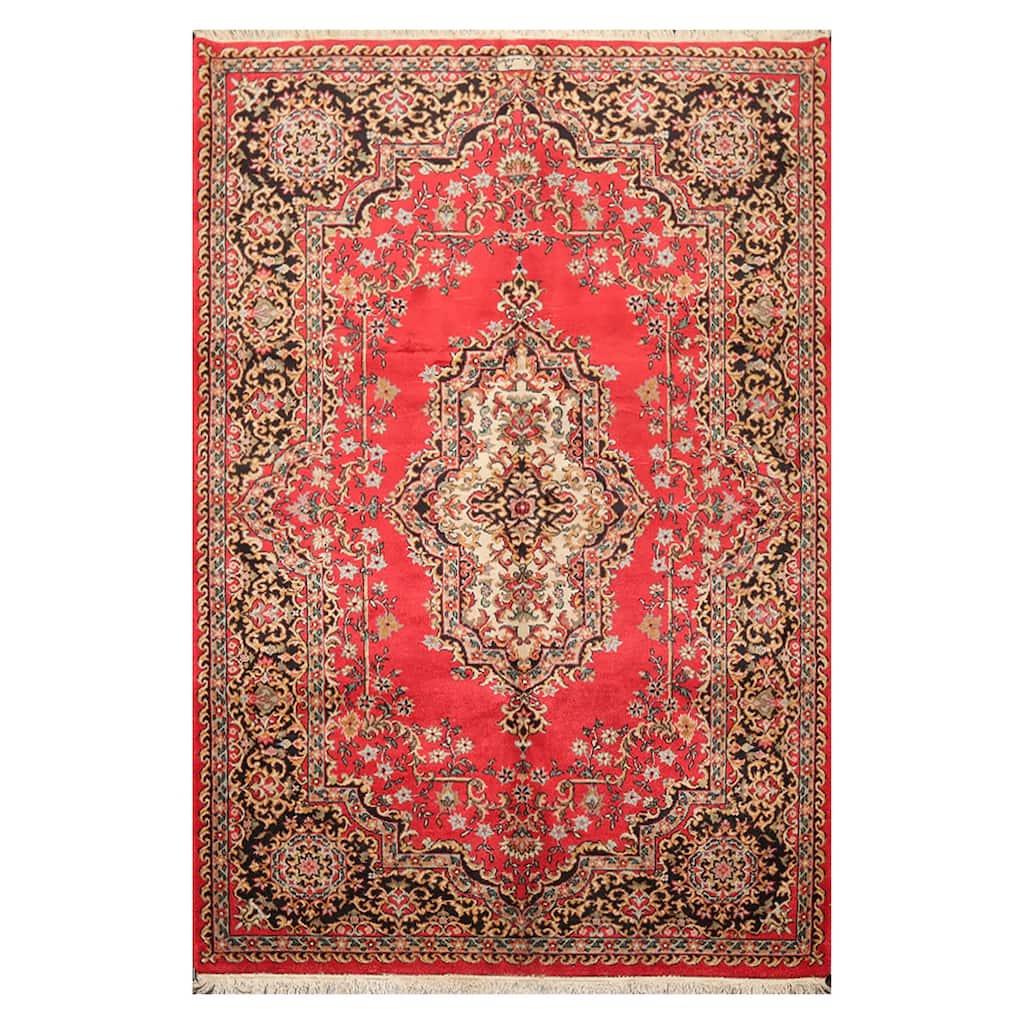 Hand Knotted Wool Kerman Oriental Area Rug Coral, Black Color (6x9) - 5' 11'' x 8' 10''