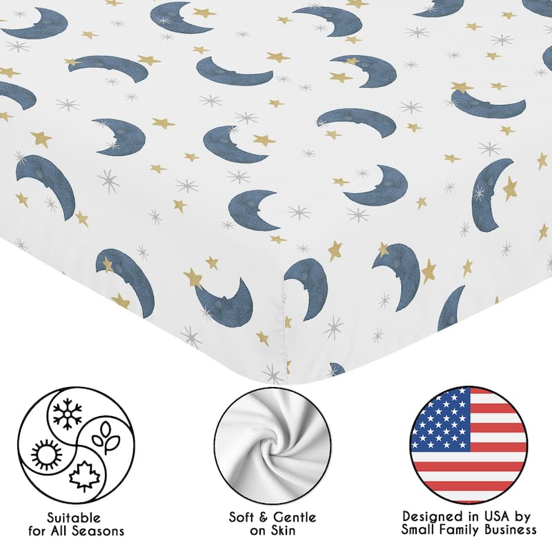 Sweet Jojo Designs Moon and Star Boy, Girl, Unisex/Gender Neutral 2 Pack Fitted Crib Sheets - Solid Blue & Watercolor, Celestial