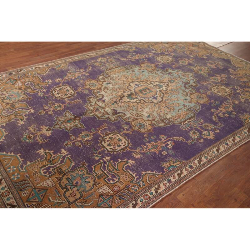 Distressed Purple Tabriz Persian Vintage Area Rug Handmade Wool Carpet - 6'0"x 9'2"