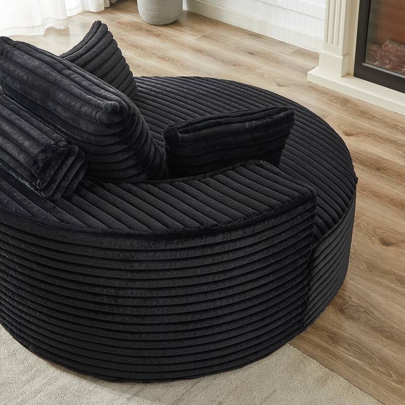Oversized Round Chaise Lounge Corduroy Upholstered Single Sofa Chair with Cylindrical Neck Pillow and Integrated Backrest