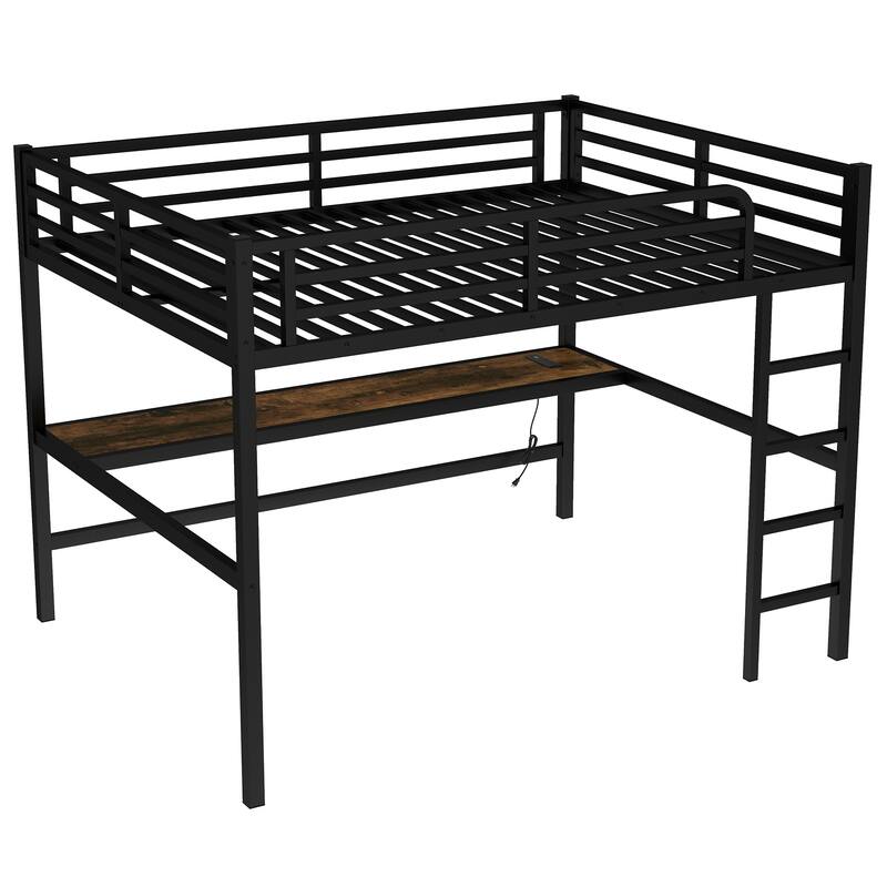 Queen Size Metal Loft Bed with Power Outlet, LED Lighting and Built-In Desk, Space-Saving Noise Reduced Design