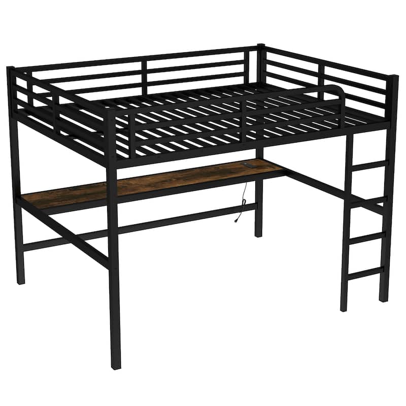 Roomfitters Metal Queen Size Loft Bed with Power Outlet & LED Lighting, Space-Saving Noise-Reduced Frame, Black