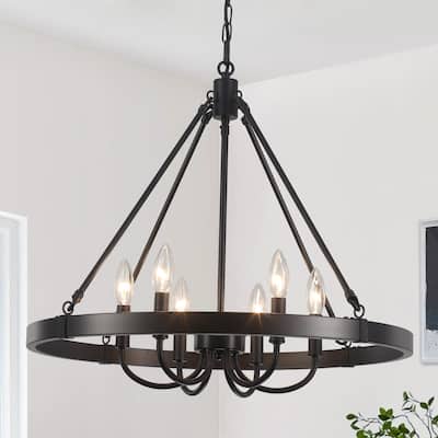 Industrial Farmhouse Kitchen Dining Room Chandelier, 23.6" Wide 6- Light Dimmable Candle Style Wagon Wheel Farmhouse Chandelier