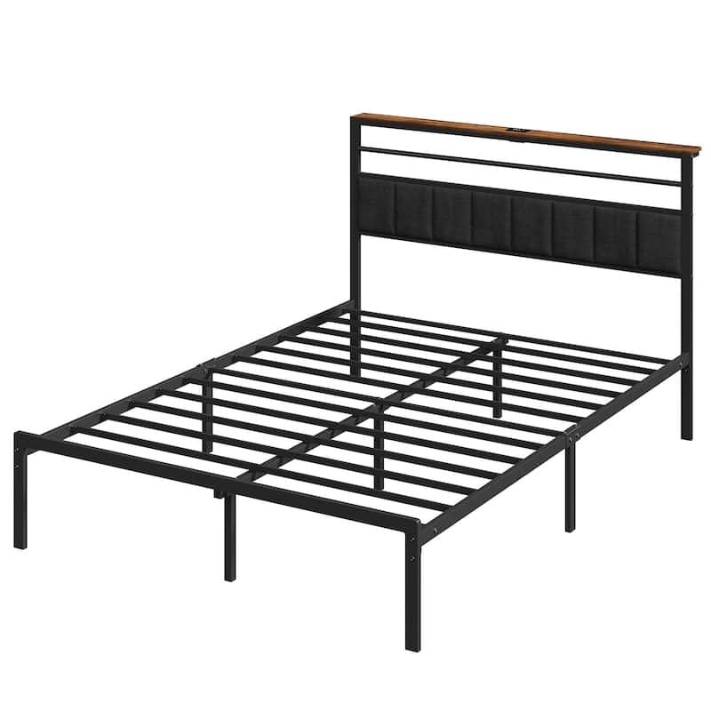 Bed Frame with Storage Shelves and Charging Station - Queen