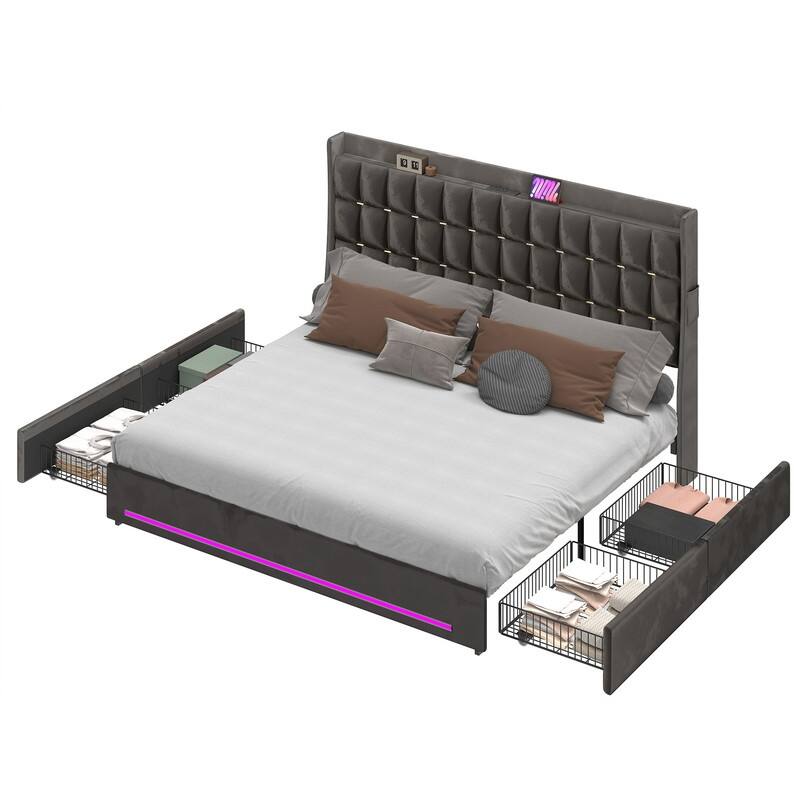 Moasis King Size Velvet Platform Bed with 4 Drawers,Bed Frames with RGB Light & Built-in Charging Station