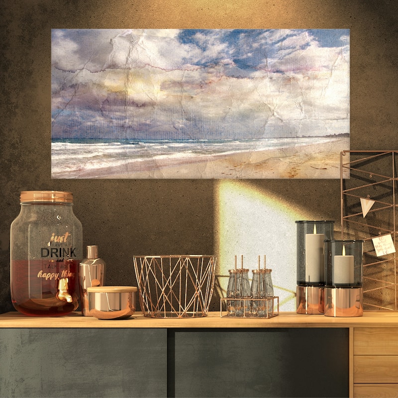 Designart "Retro Ocean Watercolor" Seascape Painting Canvas Art Print - 32 in. wide x 16 in. high