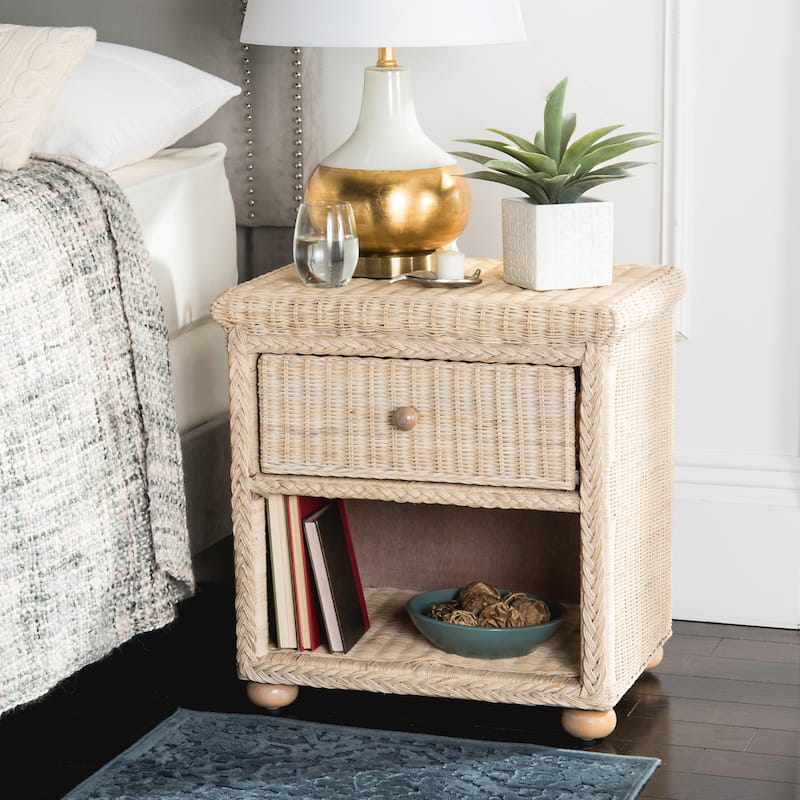 SAFAVIEH Alexie Wicker One Drawer Natural White Wash Nightstand - White Washed