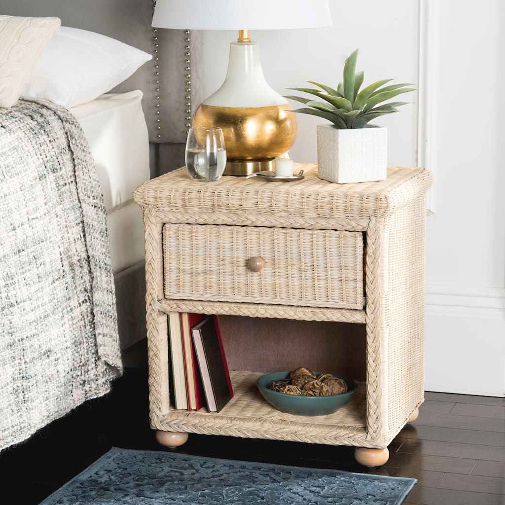SAFAVIEH Alexie Wicker One Drawer Natural White Wash Nightstand