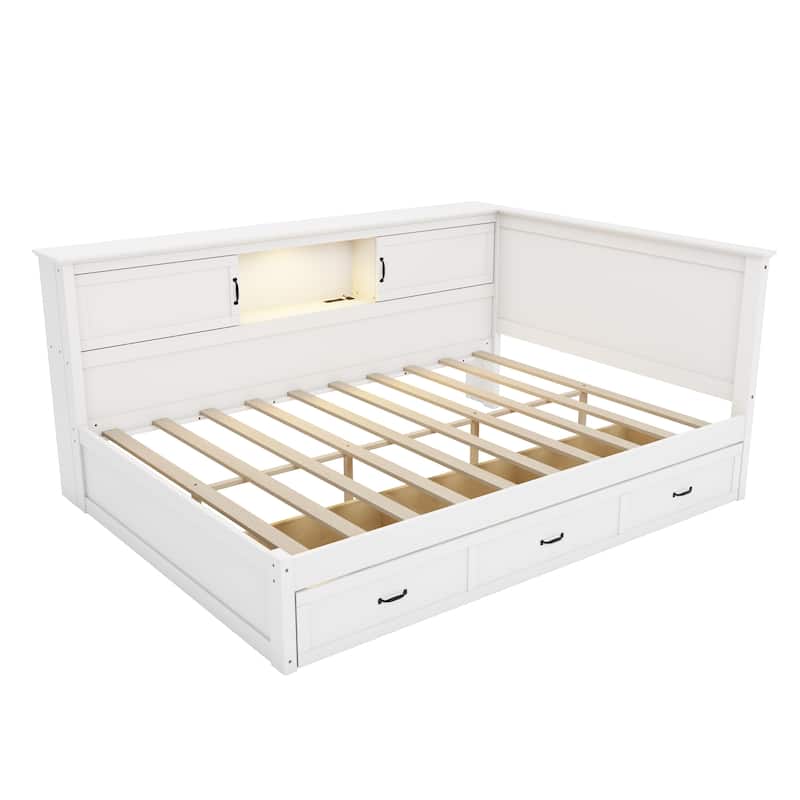 L-Shaped Corner Bed Frame with Drawer, Bookcase, LED Downlight and USB Port