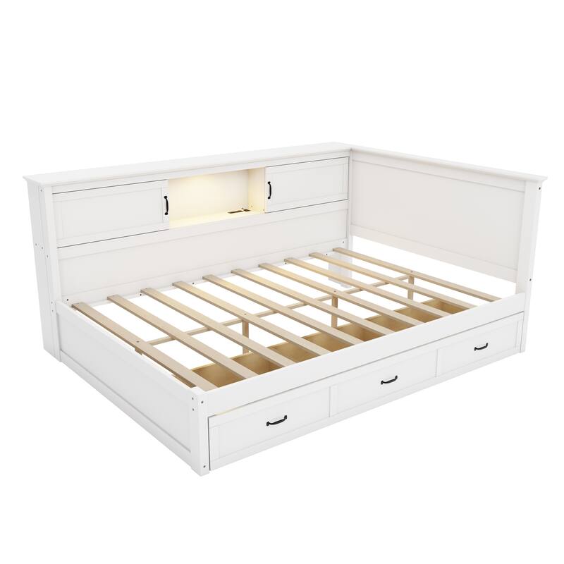 Modern L-Shaped Corner Bed Frame with Drawer, Bookcase, LED Downlight and USB Port
