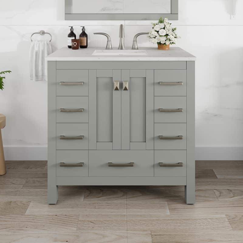 Eviva Hampton 36"W x 22"D Gray Vanity with White Carrara Quartz Vanity Top and Rectangular Undermount Bowl