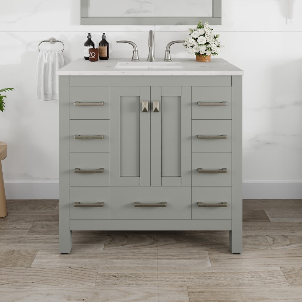 Eviva Hampton 36"W x 22"D Gray Vanity with White Carrara Quartz Vanity Top and Rectangular Undermount Bowl