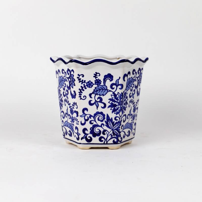 Euro Ceramica Blue and White Ceramic 3 Piece Chinoiserie Garden Planter Set - Set of 3