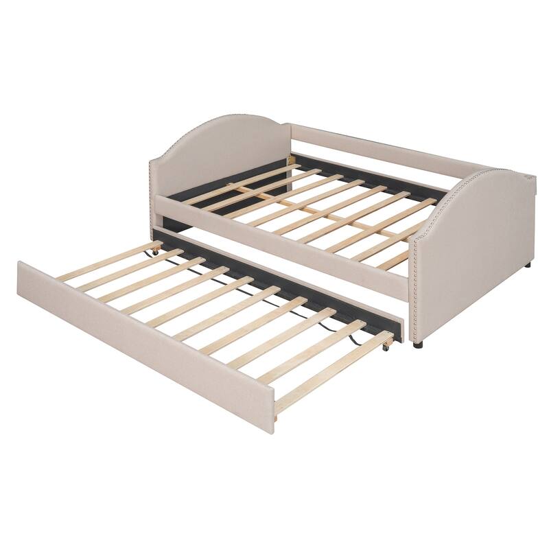 Upholstered Daybed with Trundle, Wood Slat Support