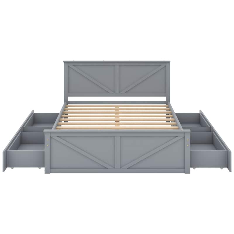 Queen Size Wooden Platform Bed with Four Storage Drawers and Support Legs