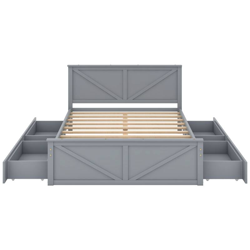 Wooden Platform Bed with Four Storage Drawers