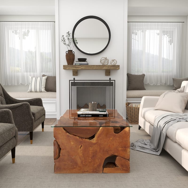 Benzara Brown/Clear Teak/Glass 43-inch x 18-inch Coffee Table