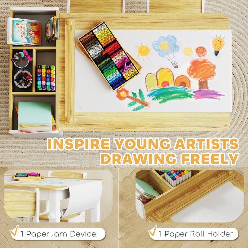 Qaba Kids Desk and Chair Set with Paper Roll, Kids Art Table and Chairs Set with Storage Shelves, Activity Craft Table