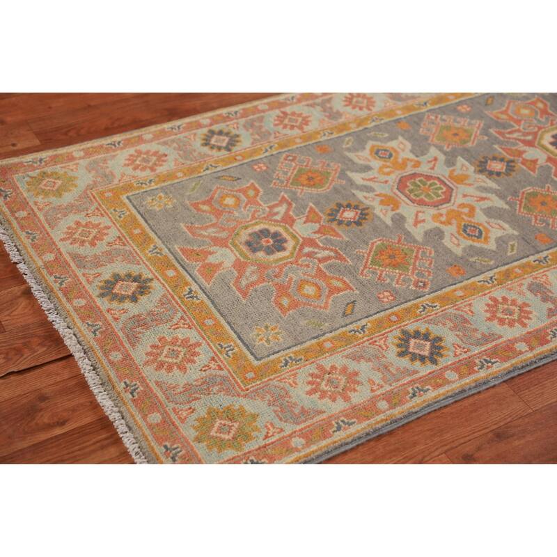 Geometric Grey Kazak Foyer Rug Hand-Knotted Wool Carpet - 2'6"x 4'4"