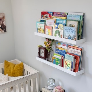 Nursery Décor Wall Shelves 3 Shelf Set Rustic Burnt Wash Long Crown Molding Floating Bookshelves for Baby and Kids Room Display Holder for Toys Book Organizer Storage Ledge CDs Baby Monitor 