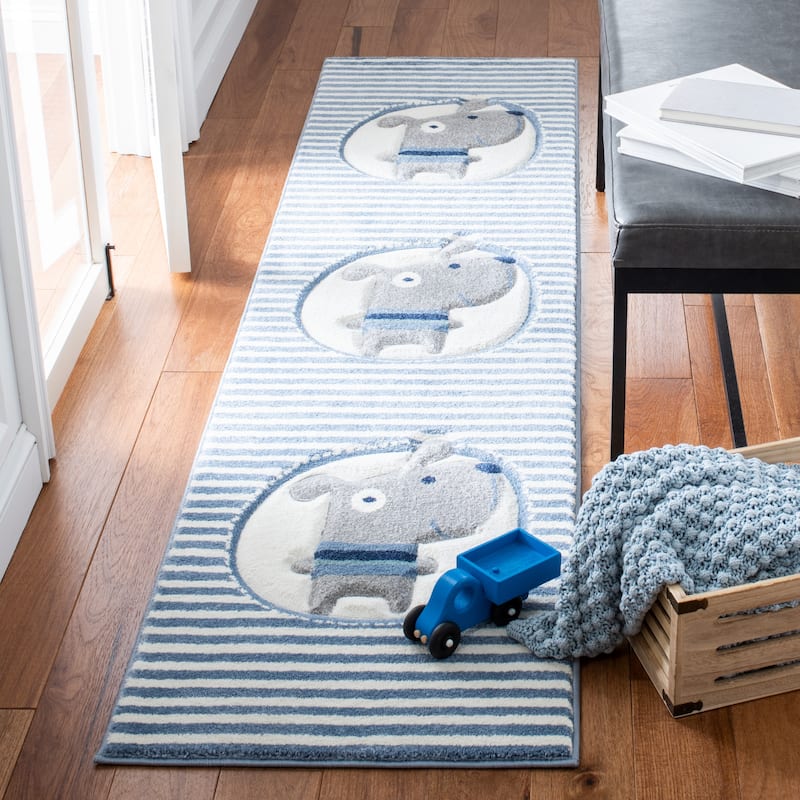 SAFAVIEH Carousel Kids Basimah Stripe Dog Rug - 2' x 8' Runner - Ivory/Blue