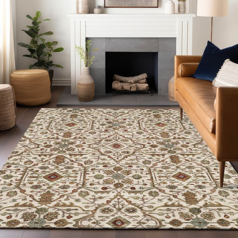Machine Washable Indoor/ Outdoor Traditional Persian Chantille Rug - Ivory - 9' x 12'