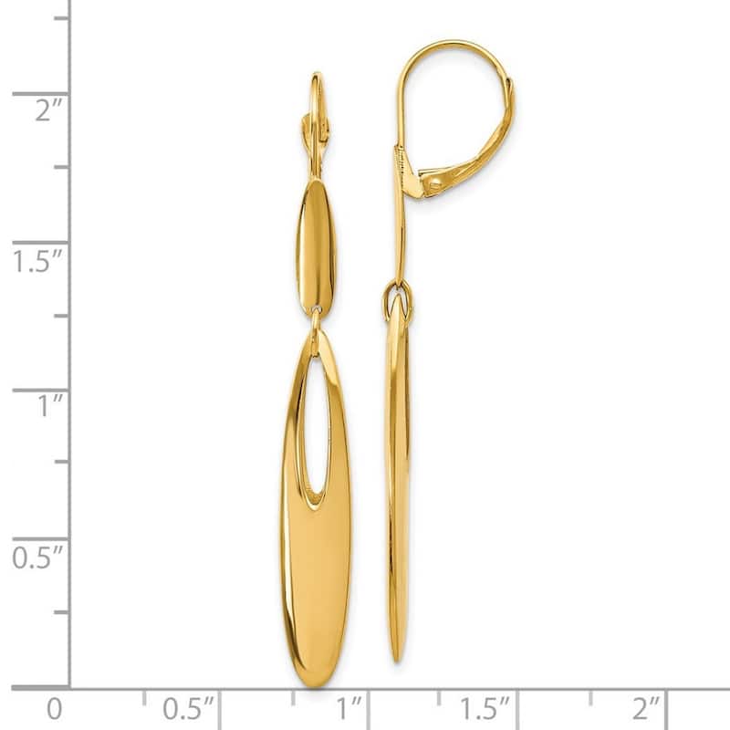 Curata 14k Yellow Gold Polished Elongated Oval Leverback Long Drop Dangle Earrings 52x6mm