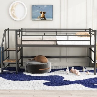Simple & Space-saving Design Mid Metal Loft Bed with Storage stairs, Twin Size
