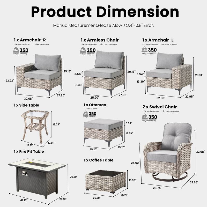 OVIOS 9-Piece Outdoor Chaise Lounge Sofa Set​ With Fire Pit​