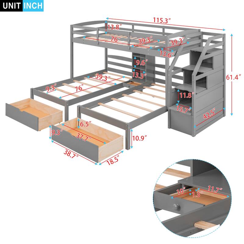 Twin over Twin&Twin Bunk Bed, Triple Bunk Bed with Drawers, Staircase with Storage, Built-in Shelves, Gray