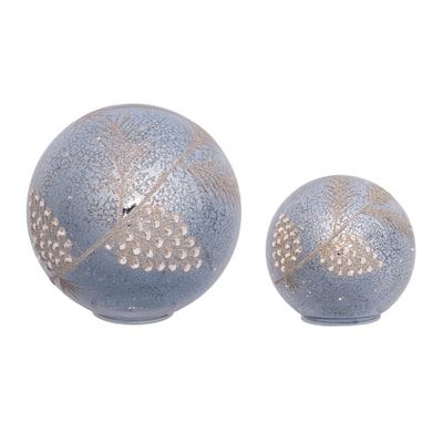 Set of 2 LED Pinecone Glass Globes for Winter Tabletop Decor - 7.5” x 7.5”x 7.5”