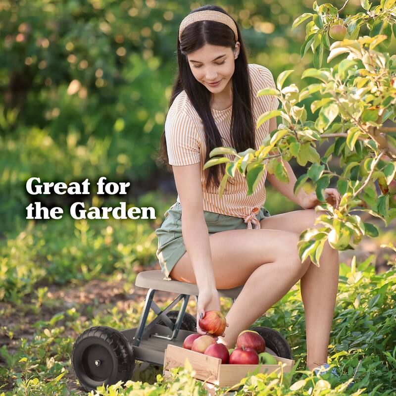 Gardening Stool - Rolling Garden Seat with Wheels and Storage Tool Tray by Pure Garden