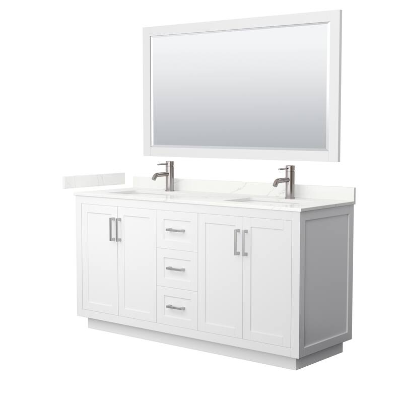 Miranda 66-inch Double Vanity, Quartz Top, 58-inch Mirror - White, Nickel Trim, Giotto Quartz Top