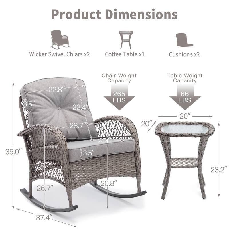 3 Pieces Outdoor Swivel Rocker Chairs, 360 Degree, Thickened Cushions & Glass Coffee Table