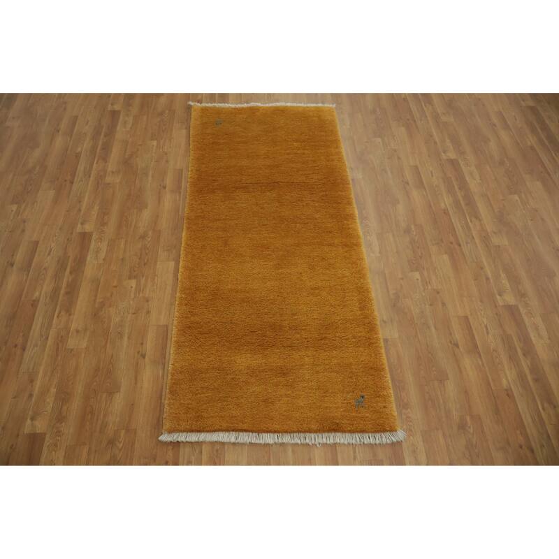 Hand Knotted Oriental 100% Wool Carpet Tribal Abstract Yellow & Gold Gabbeh Runner Rug - 6' 8'' X 2' 11''