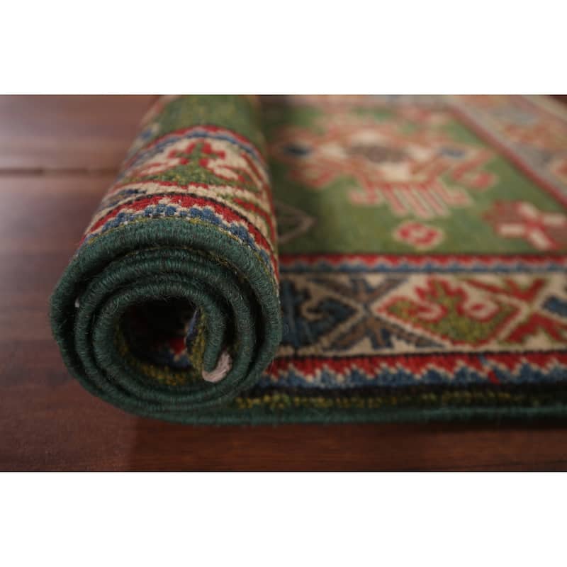 Green Geometric Kazak Oriental Accent Rug Handmade Wool Carpet - 1'10"x 2'10"