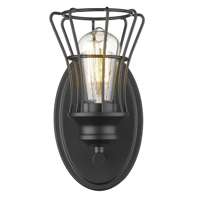 One Light Matte Black Flush Mount Industrial Cage Wall Sconce with Metal Shade and Hardwired for Indoor Use