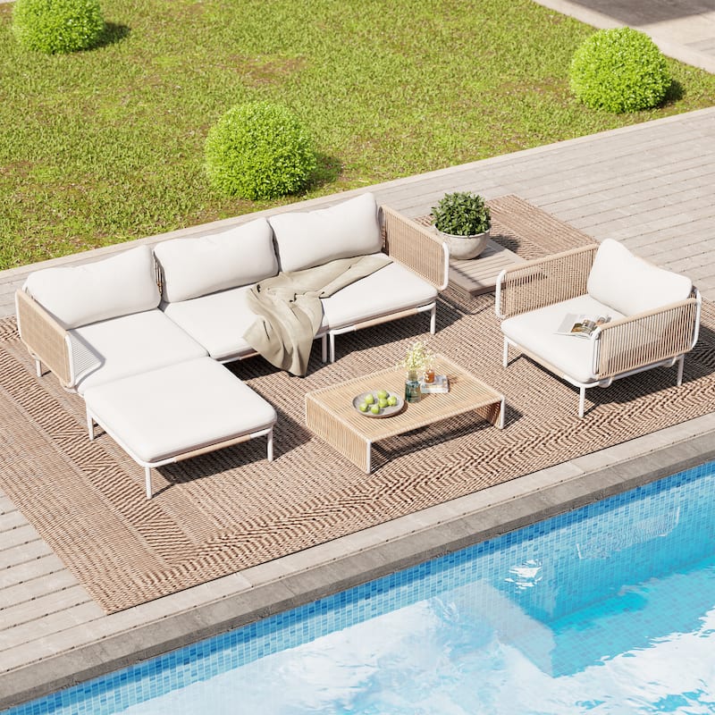 Outdoor 5 Seater Patio Sectional Sofa Conversation Set, Customizable Set by Combining Multiple Chairs - Combined by 5 chairs