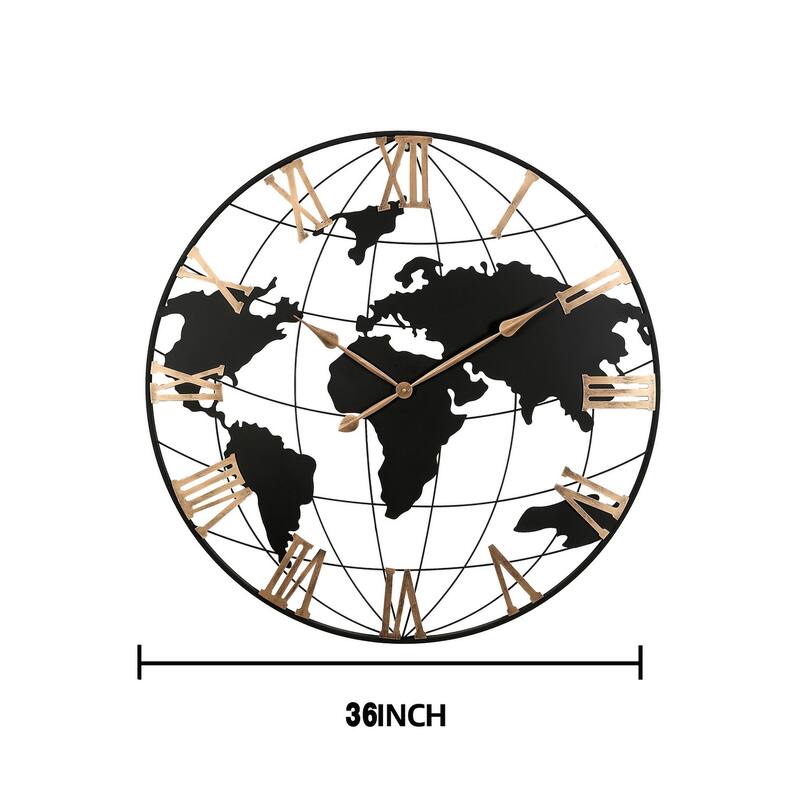 36 in Large Black Metal Gold Roman Numeral Silent World Map Wall Clock - 35.5 in