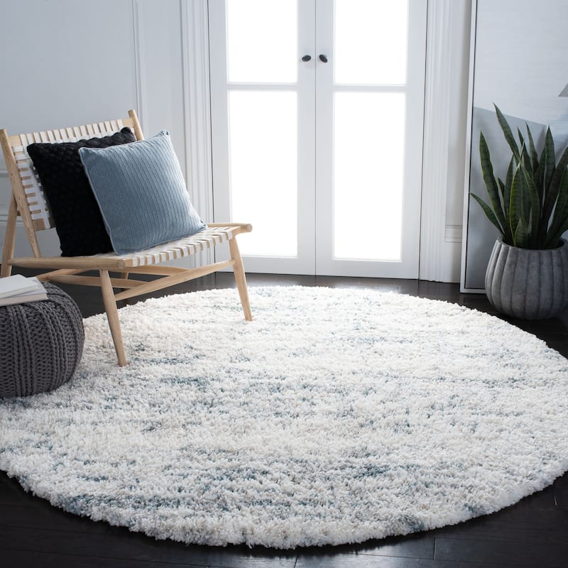 SAFAVIEH Fontana Shag Magali Modern Abstract 2-inch Thick Rug - 6'7" Round - Ivory/Teal - Round