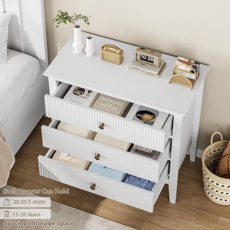 Modern 3-Drawer Dresser with Fluted Wood Front, 30" Wide Storage Cabinet for Bedroom, Living Room, or Entryway