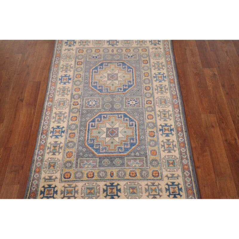 Grey Traditional Kazak Accent Rug Hand-Knotted Wool Carpet - 2'9" x 4'2"