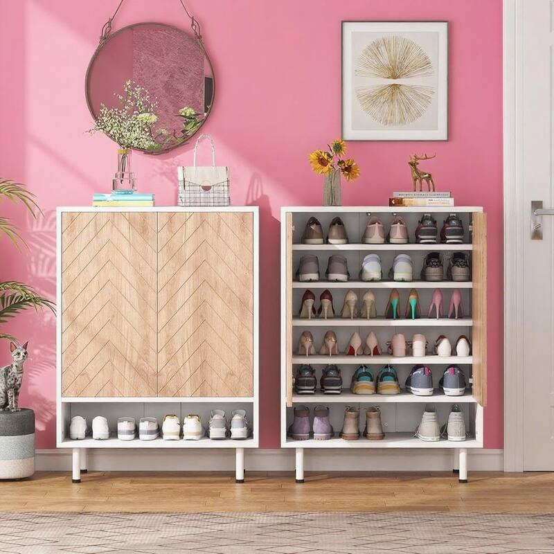 5-Tier White MDF Shoe Cabinet with Rustic Herringbone Design for Entryway or Bedroom - 28.74”L x 13.77”W x 43.31”H