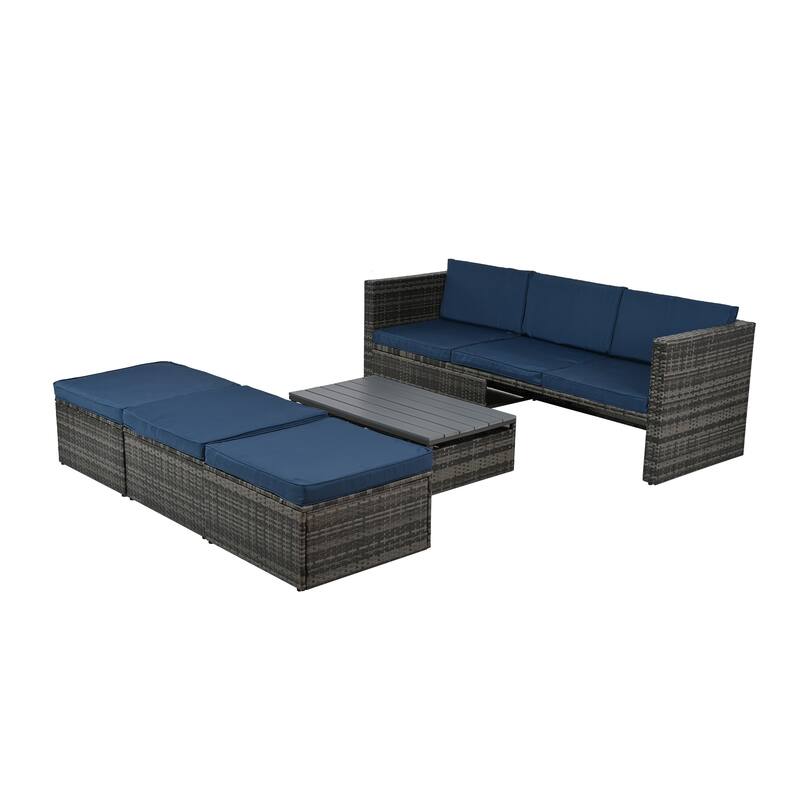 5 Piece Outdoor PE Wicker Sofa Set, Patio Conversation Furniture Set with Lift TOP Coffee Table and Lounger Sofa