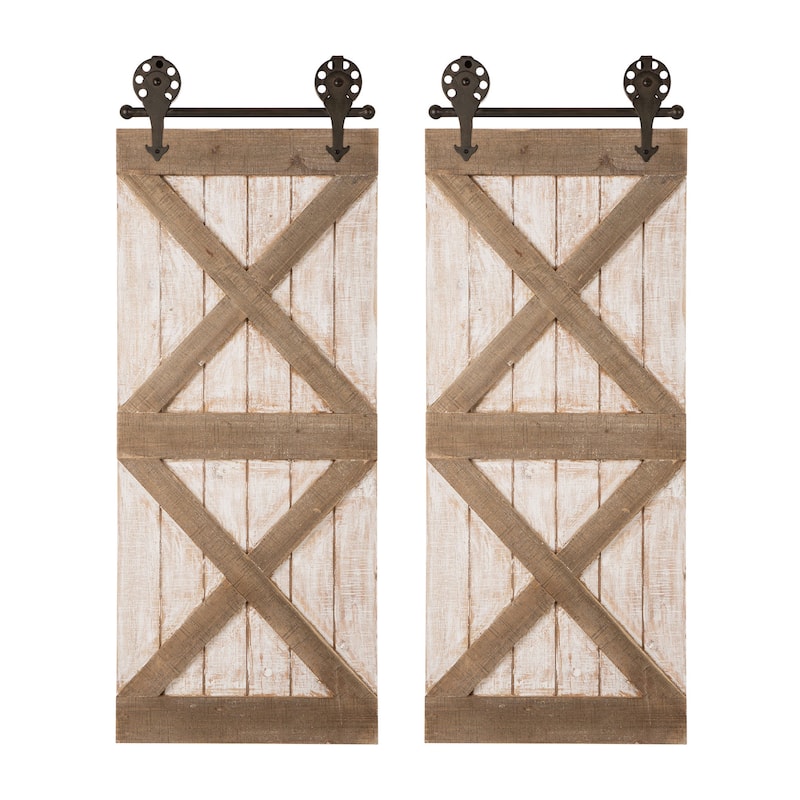 35"H Farmhouse Wooden Barn Doors Window Frame Mirror Wall Decor by Glitzhome - 2PK Barn Doors