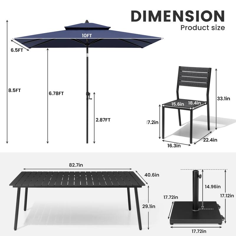 11-Piece Outdoor Dining Set Aluminum Table and 8 Stackable Chairs w/ 10 ft Umbrella and Base Stand