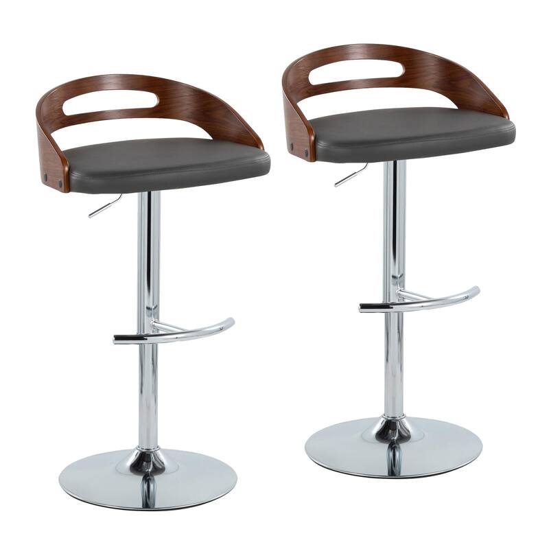 Cassis Adjustable Barstool - Set of 2 - Grey Faux Leather/Walnut/Chrome Metal