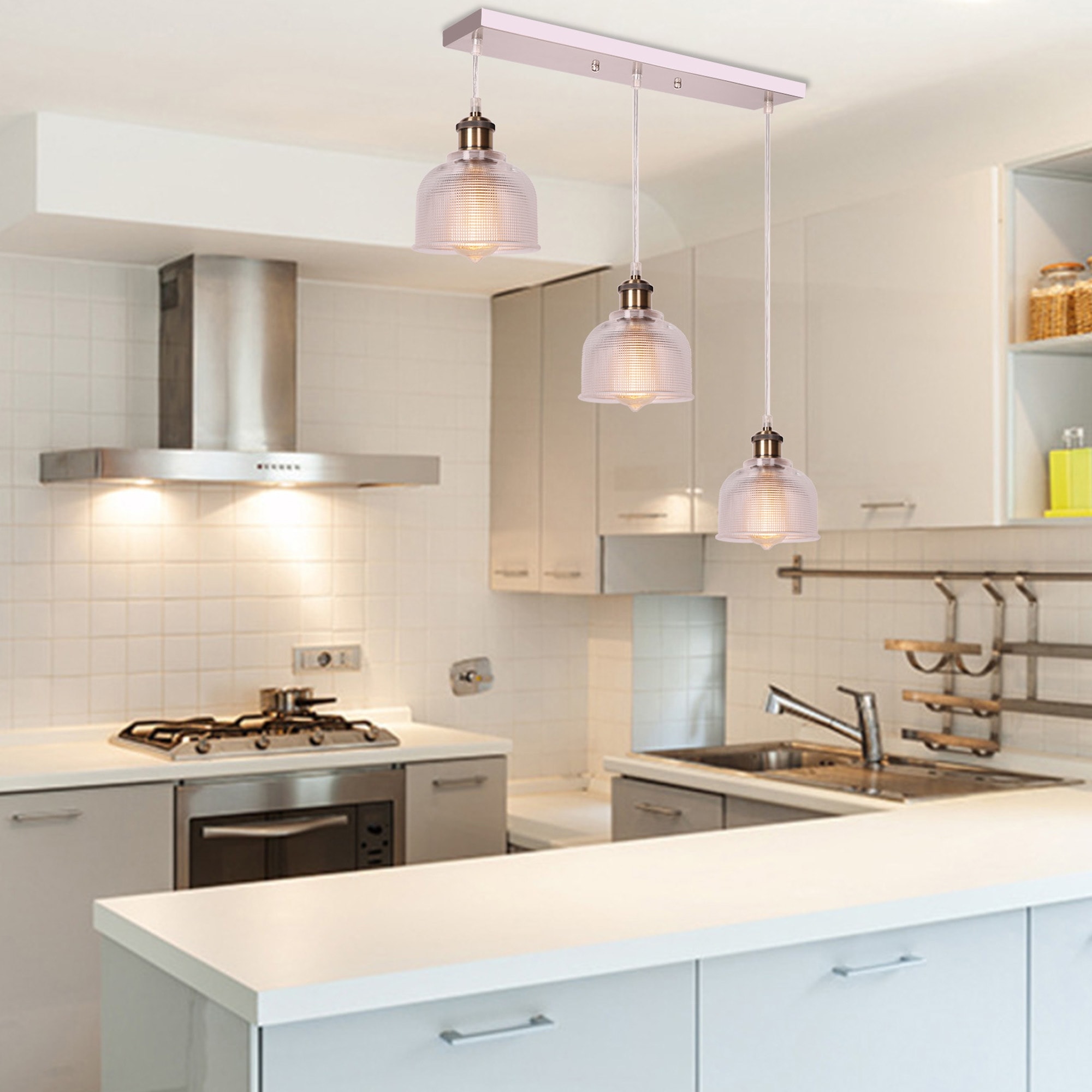 Co Z 3 Light Kitchen Island Linear Pendant With Textured Glass Shade Brushed Nickel On Sale Overstock 31415330