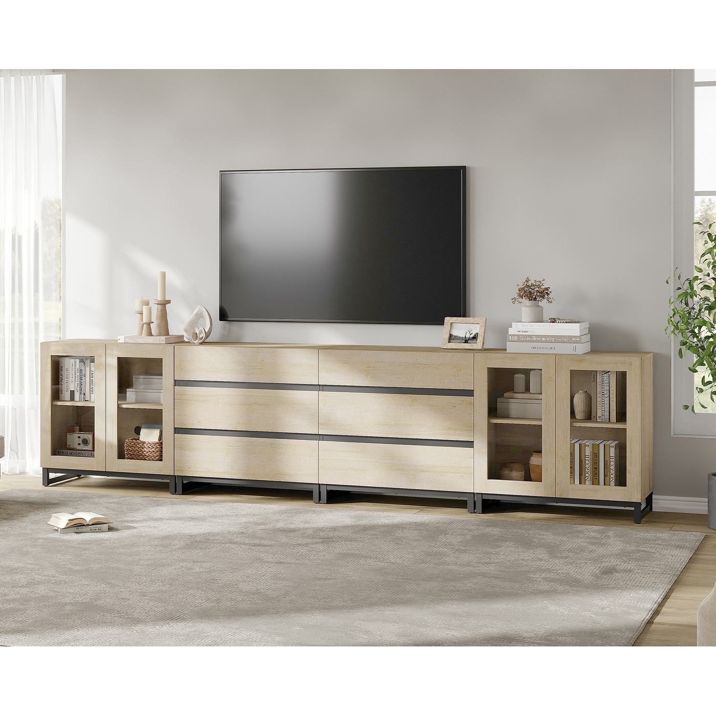 4-in-1 TV Stand for 120" TVs, Entertainment Center with Glass Doors & 6 Drawers