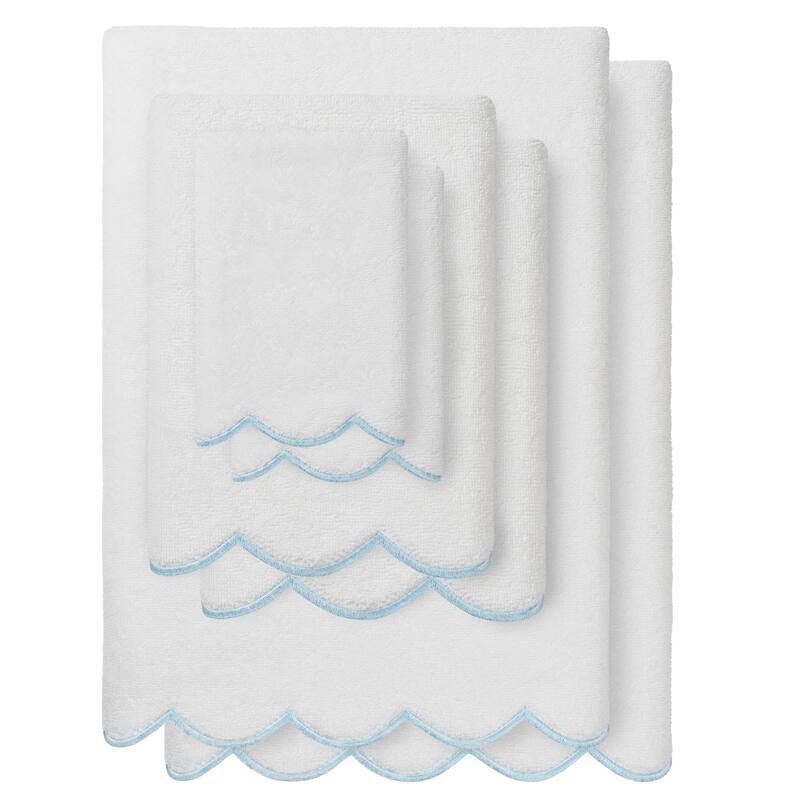 Authentic Hotel and Spa 100% Turkish Cotton ADORNIA Scallop Towel Set - White/Blue - 6 Piece Set